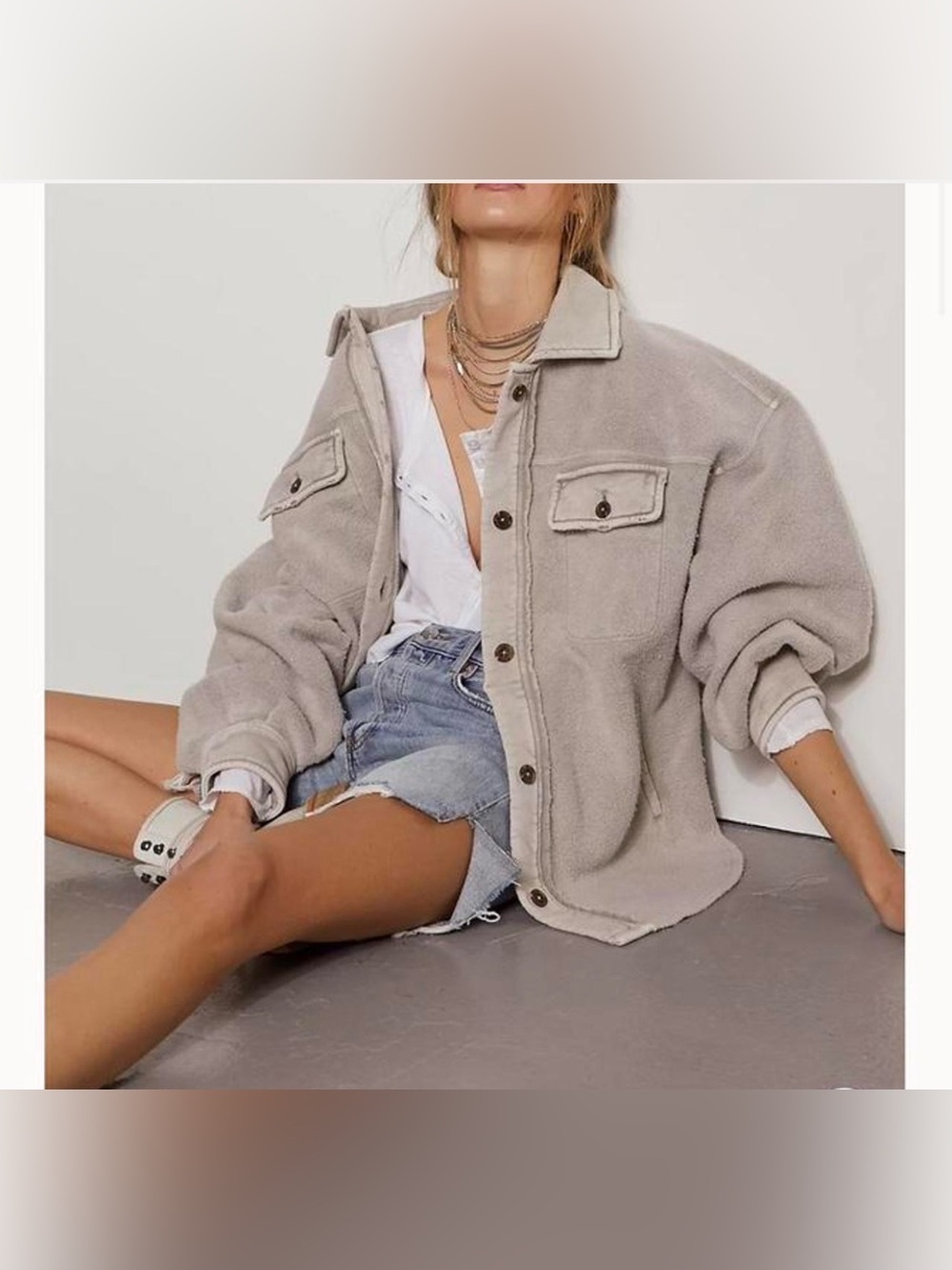 Free People Ruby Shirt Jacket Sherpa Shacket Stone M